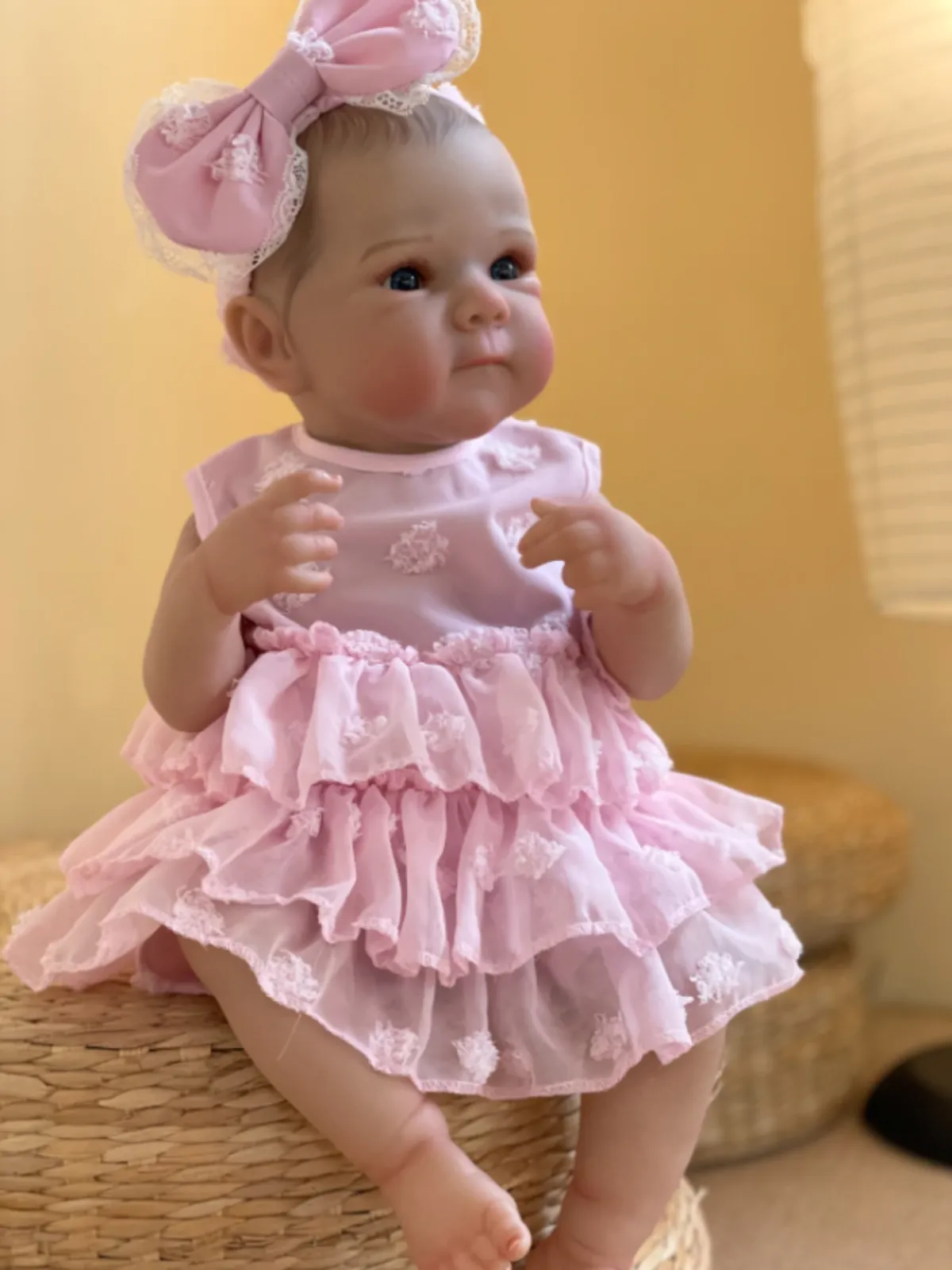 18" Realistic Reborn Baby Doll Bettie in Pink Layered Lace Dress and Matching Bow