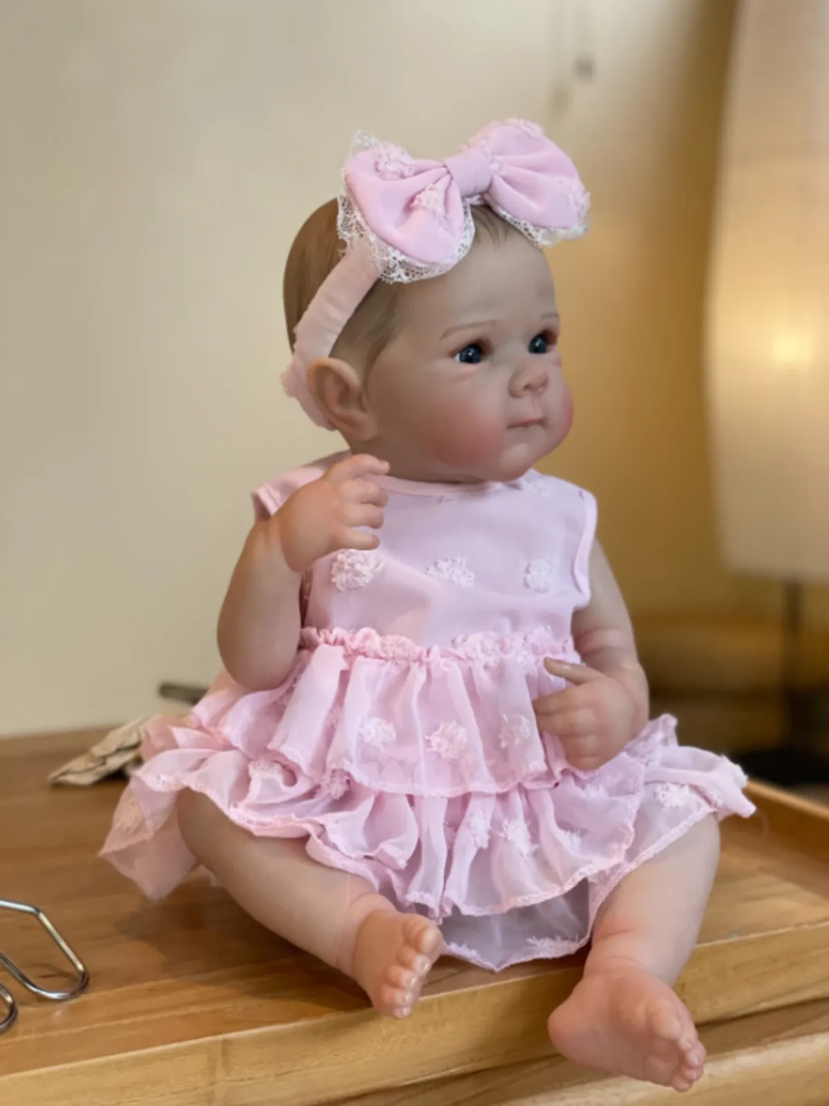 18" Realistic Reborn Baby Doll Bettie in Pink Layered Lace Dress and Matching Bow