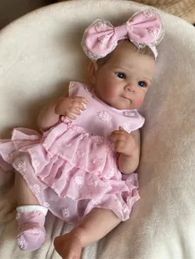 18" Realistic Reborn Baby Doll Bettie in Pink Layered Lace Dress and Matching Bow