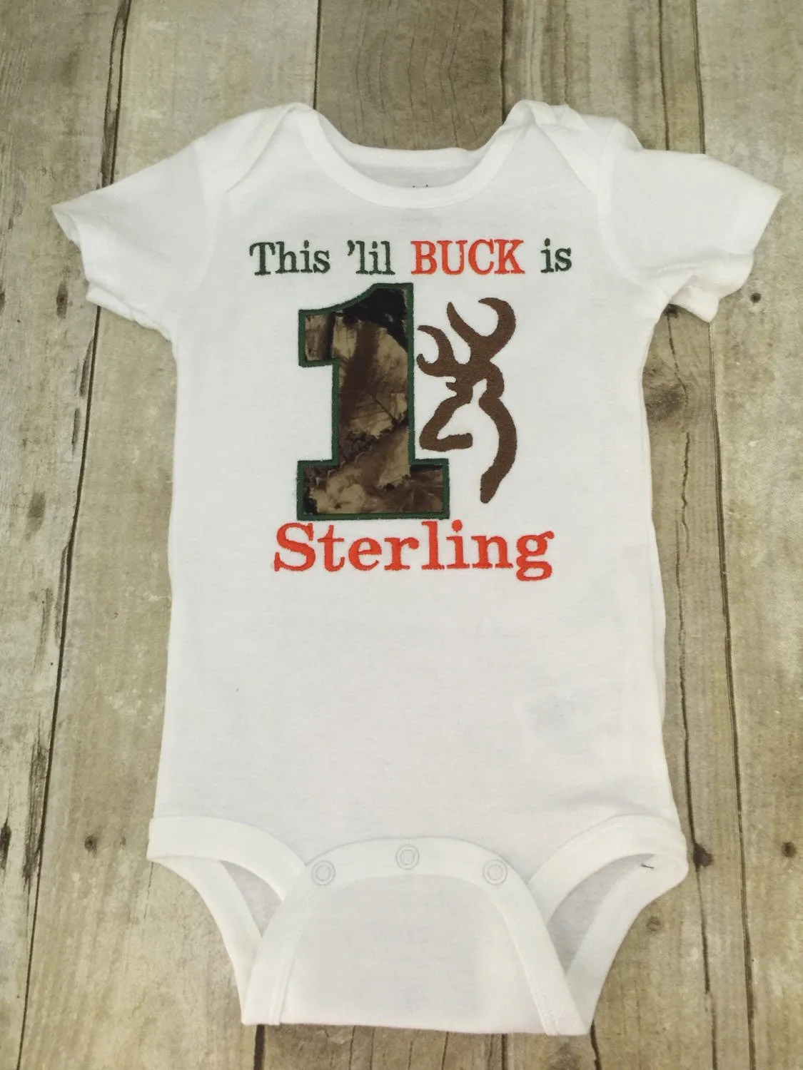 1st Birthday Camo Boy Bodysuit / T Shirt Customizable for Any Age, Personalized with Name -- This lil Buck is one