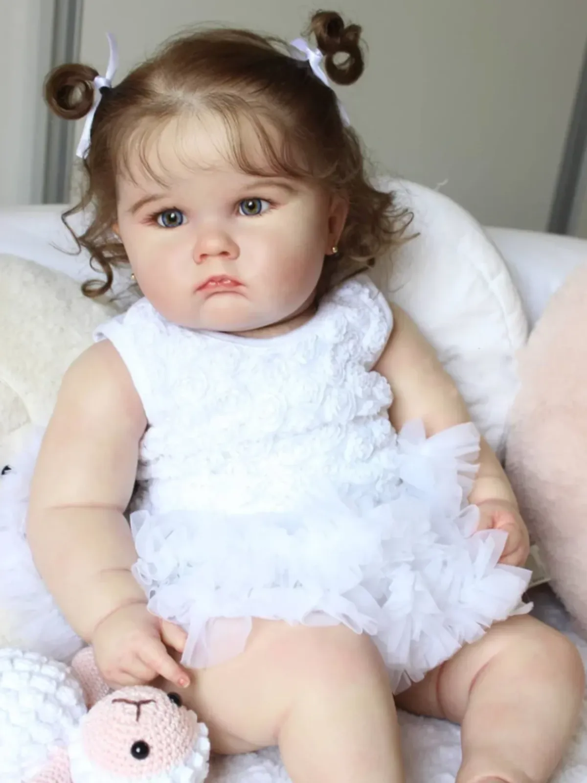 24" Realistic Baby Girl Doll with Curly Hair in Elegant White Dress