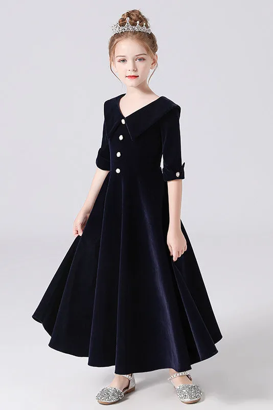 A Line Black Half Sleeve Ankle Length Flower Girl Dresses