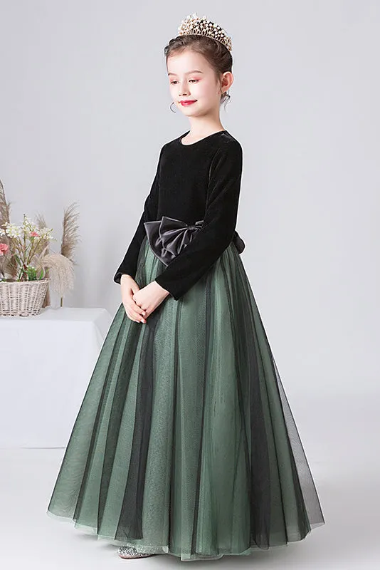 A Line Dark Green Long Sleeves Tulle Flower Girl Dresses