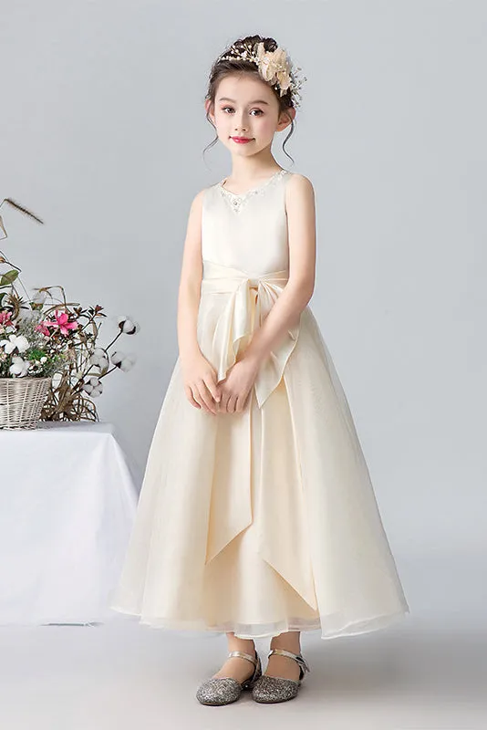 A Line Ivory Sleeveless Tulle Beaded Flower Girl Dresses