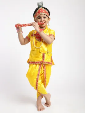 Ahhaaaa Satin Yellow Platinum Krishna Dress Kurta Dhoti with Accessories for Boys