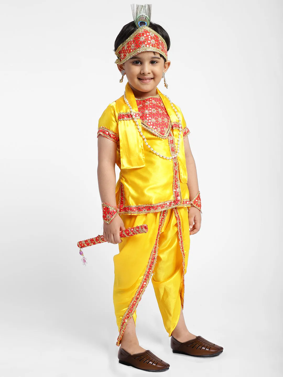 Ahhaaaa Satin Yellow Platinum Krishna Dress Kurta Dhoti with Accessories for Boys