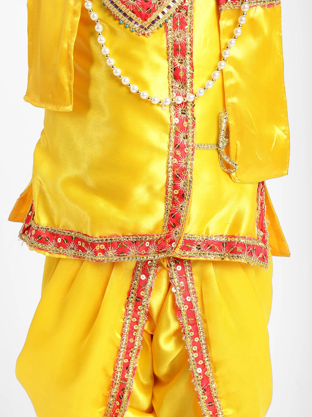 Ahhaaaa Satin Yellow Platinum Krishna Dress Kurta Dhoti with Accessories for Boys