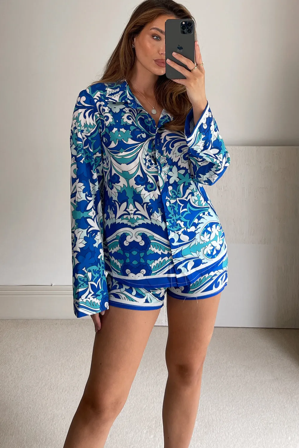 Aisha Blue Multi Printed Tie Front Shirt and Shorts Co-Ord Set