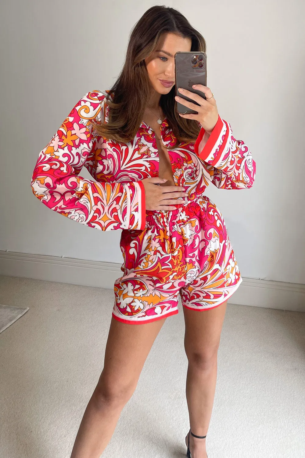 Aisha Pink Multi Printed Tie Front Shirt and Shorts Co-Ord Set