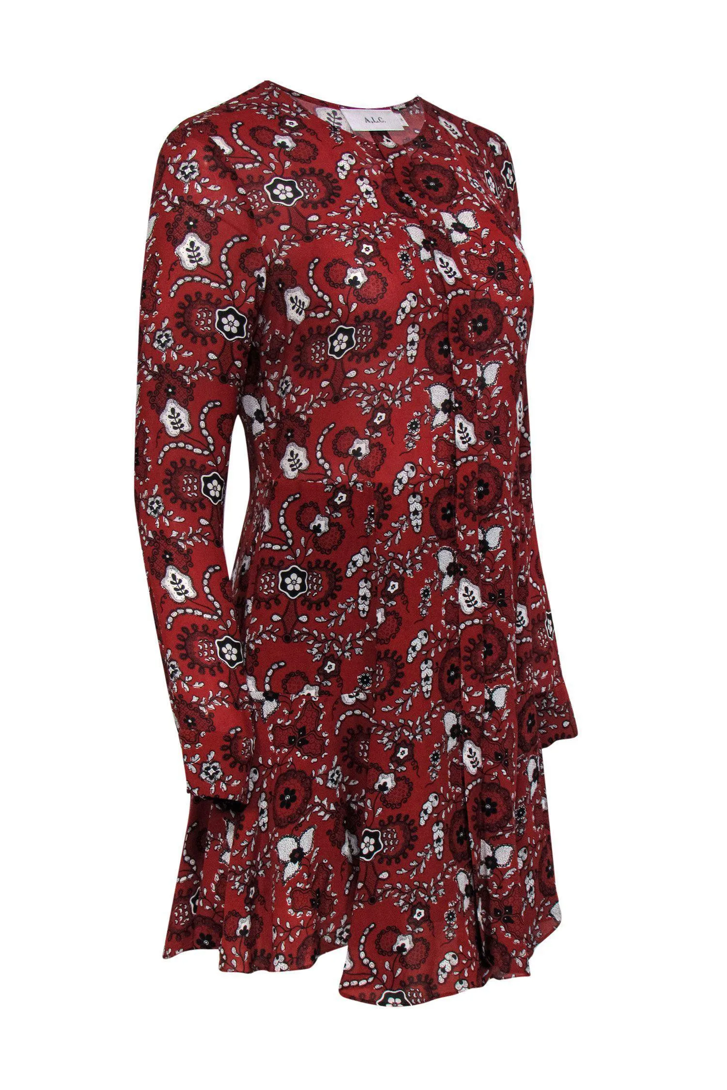 A.L.C. - Brick Red Paisley Dress w/ Black & White Floral Details Sz 6