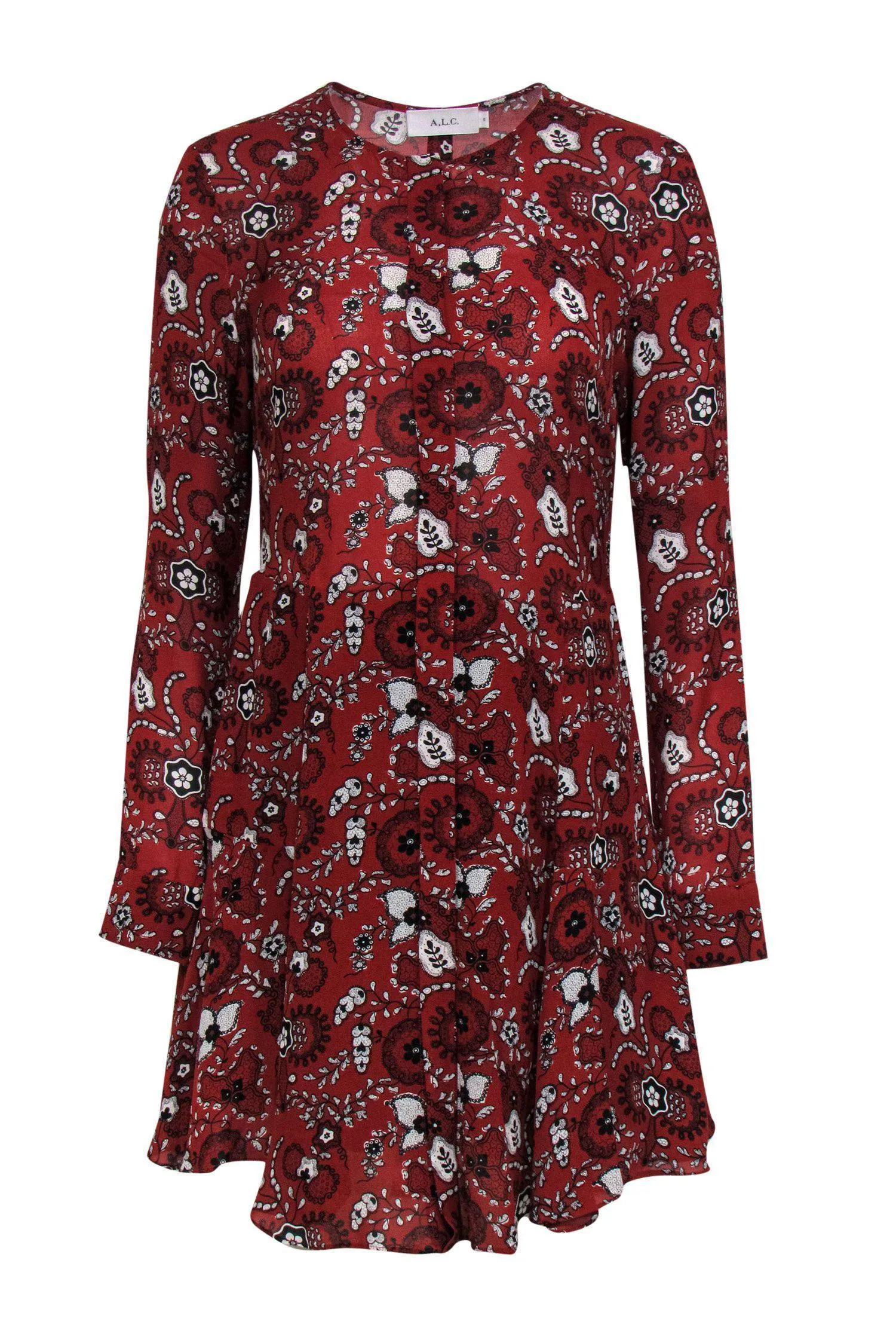 A.L.C. - Brick Red Paisley Dress w/ Black & White Floral Details Sz 6