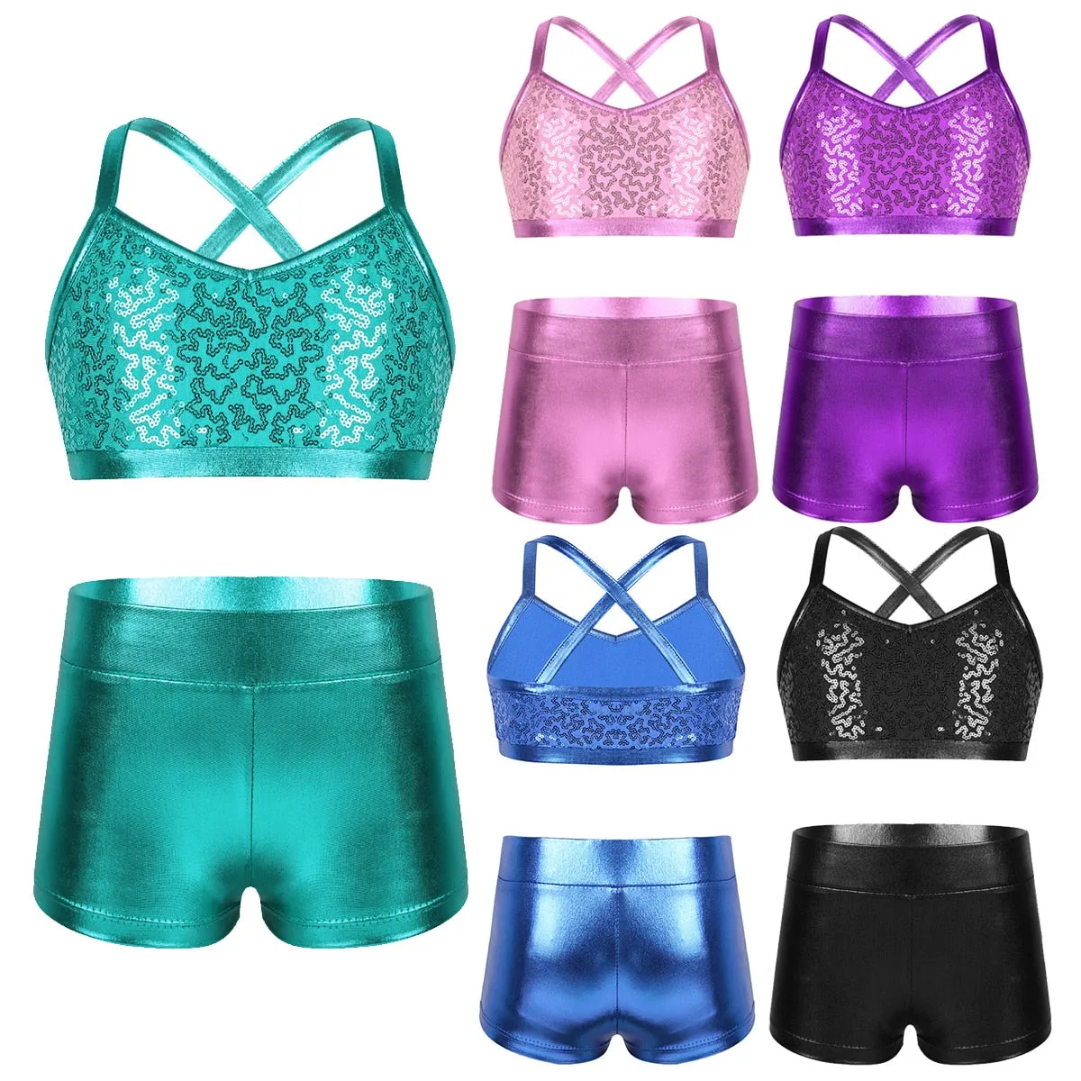 Barbra Girls Sequins Crop Top and Dance Pants Shorts Set Available in 5 Colors and Ages 5-14