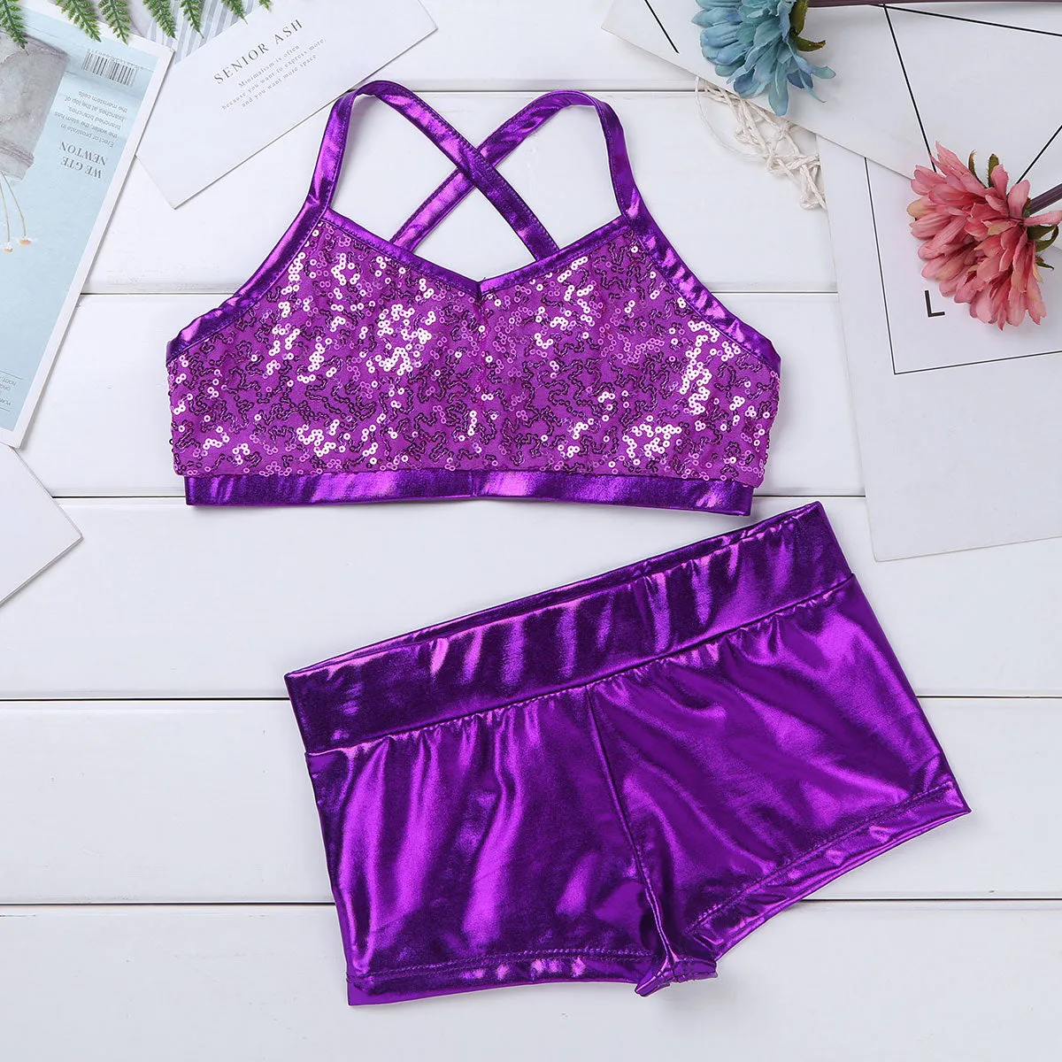 Barbra Girls Sequins Crop Top and Dance Pants Shorts Set Available in 5 Colors and Ages 5-14