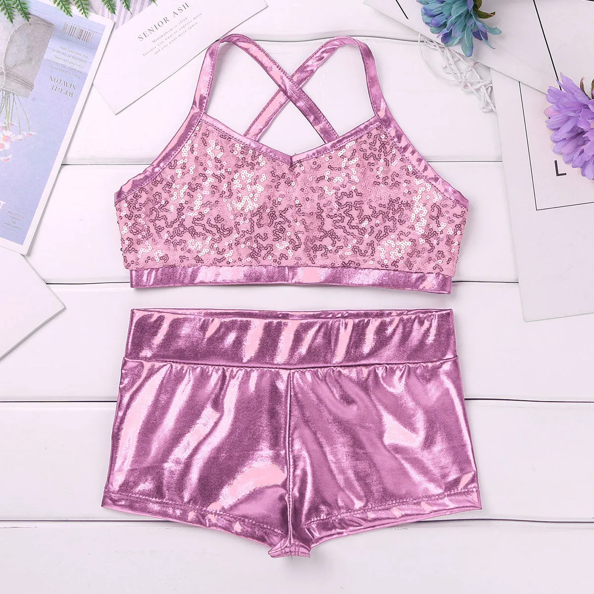 Barbra Girls Sequins Crop Top and Dance Pants Shorts Set Available in 5 Colors and Ages 5-14