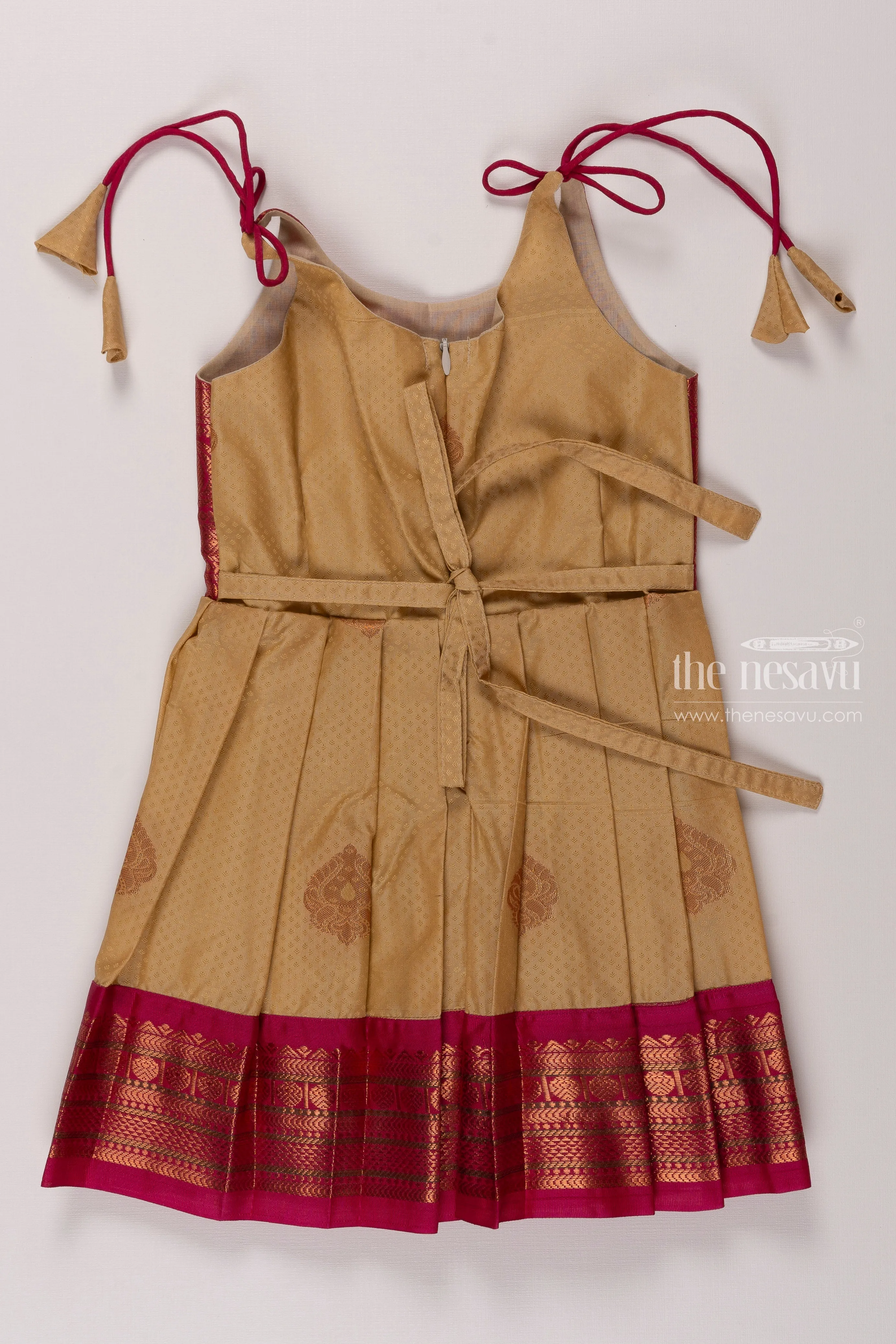 Beige and Magenta Silk Tie-Up Frock for Girls