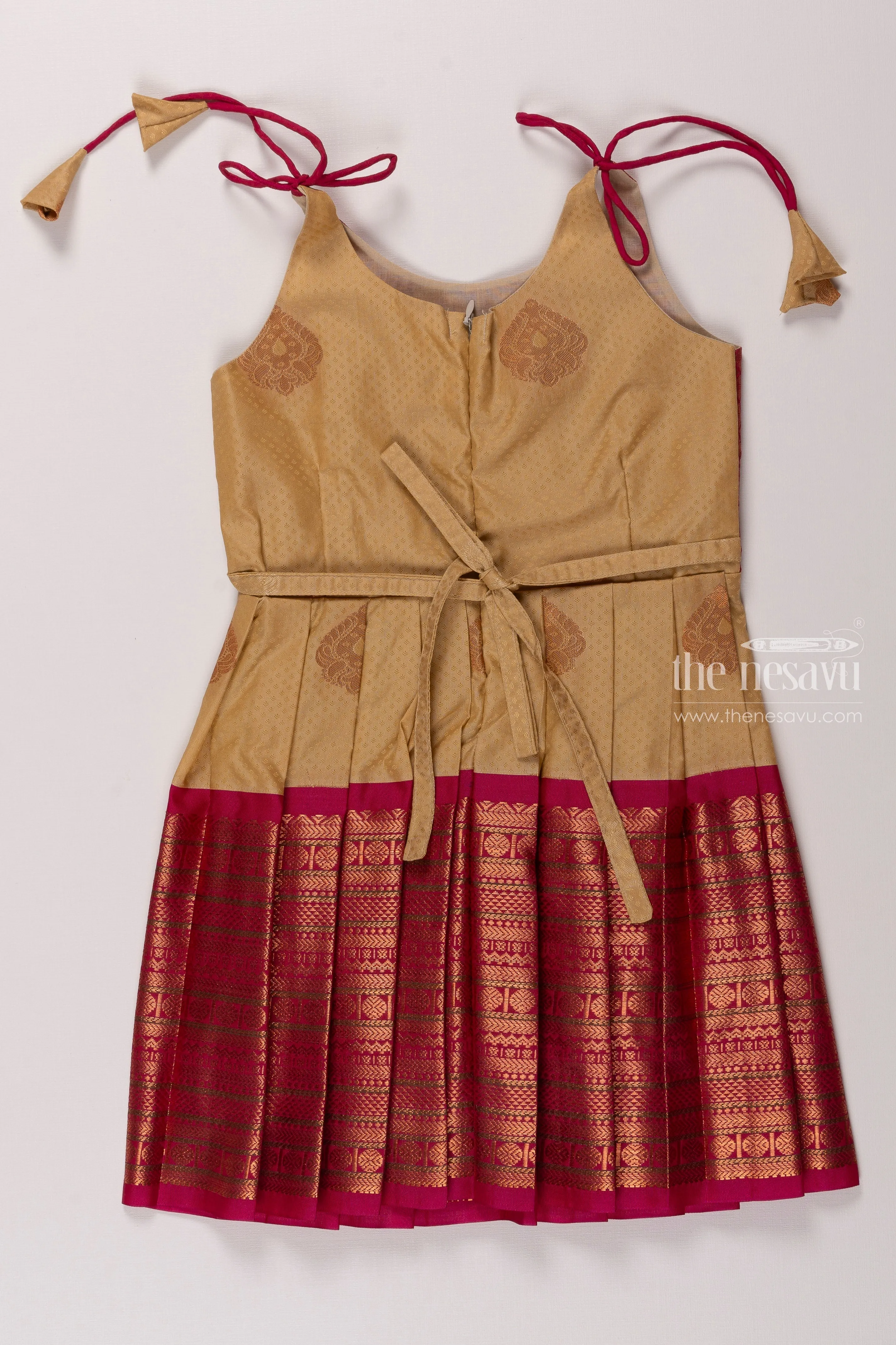 Beige and Magenta Silk Tie-Up Frock for Girls