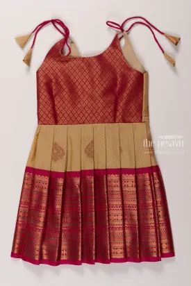 Beige and Magenta Silk Tie-Up Frock for Girls