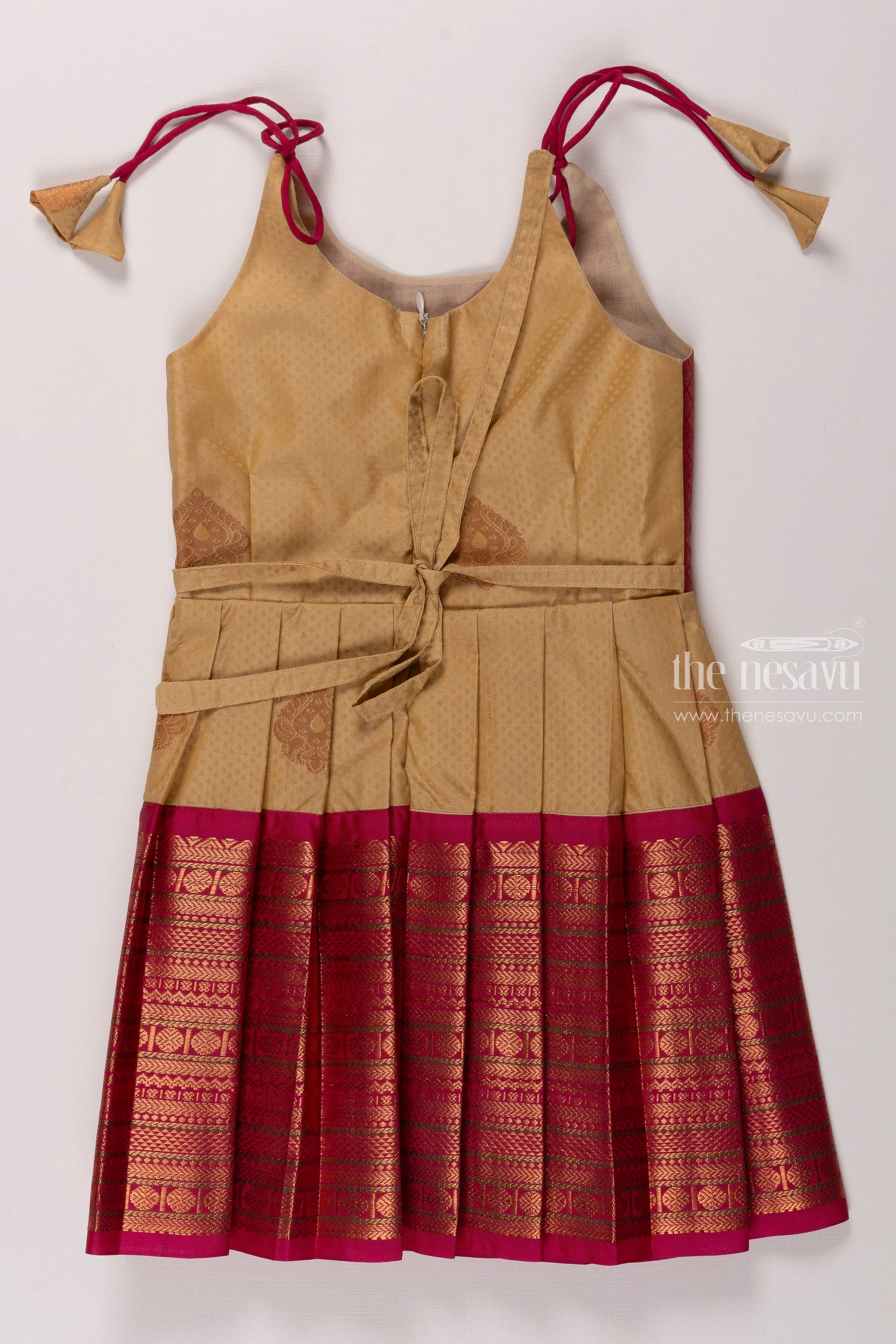 Beige and Magenta Silk Tie-Up Frock for Girls