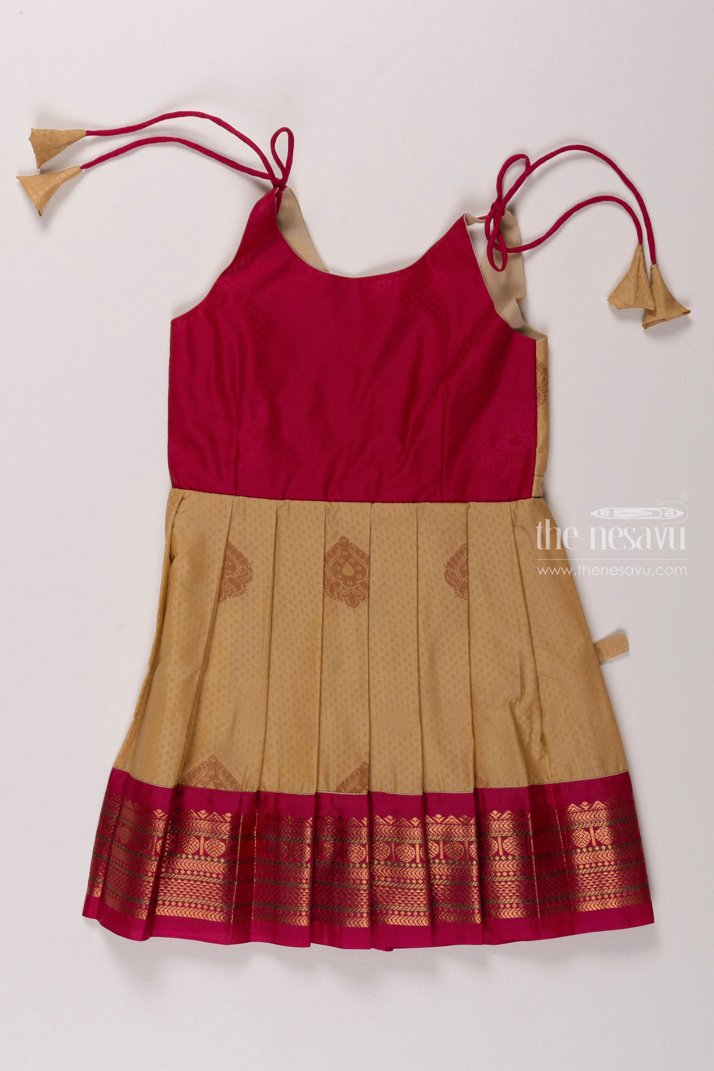 Beige and Magenta Silk Tie-Up Frock for Girls