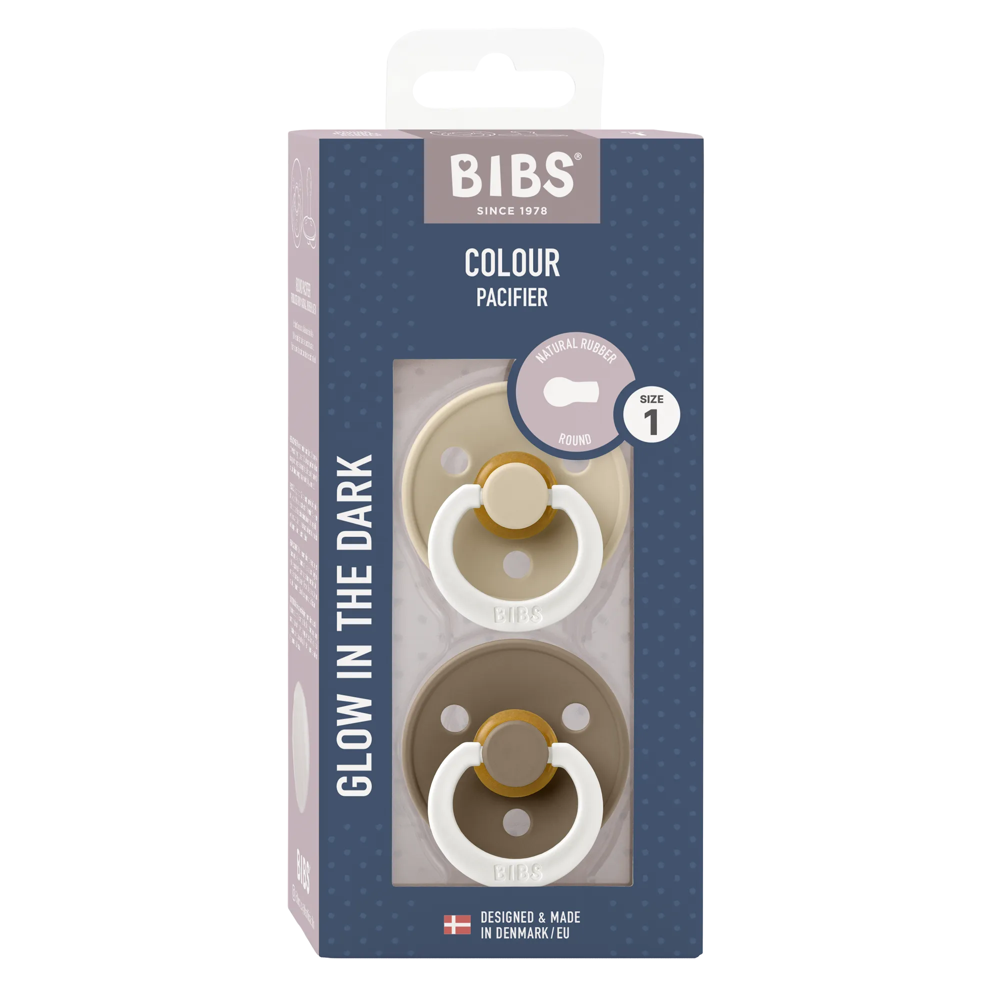 BIBS Colour GLOW Pacifier 2 Pack - Vanilla/Dark Oak