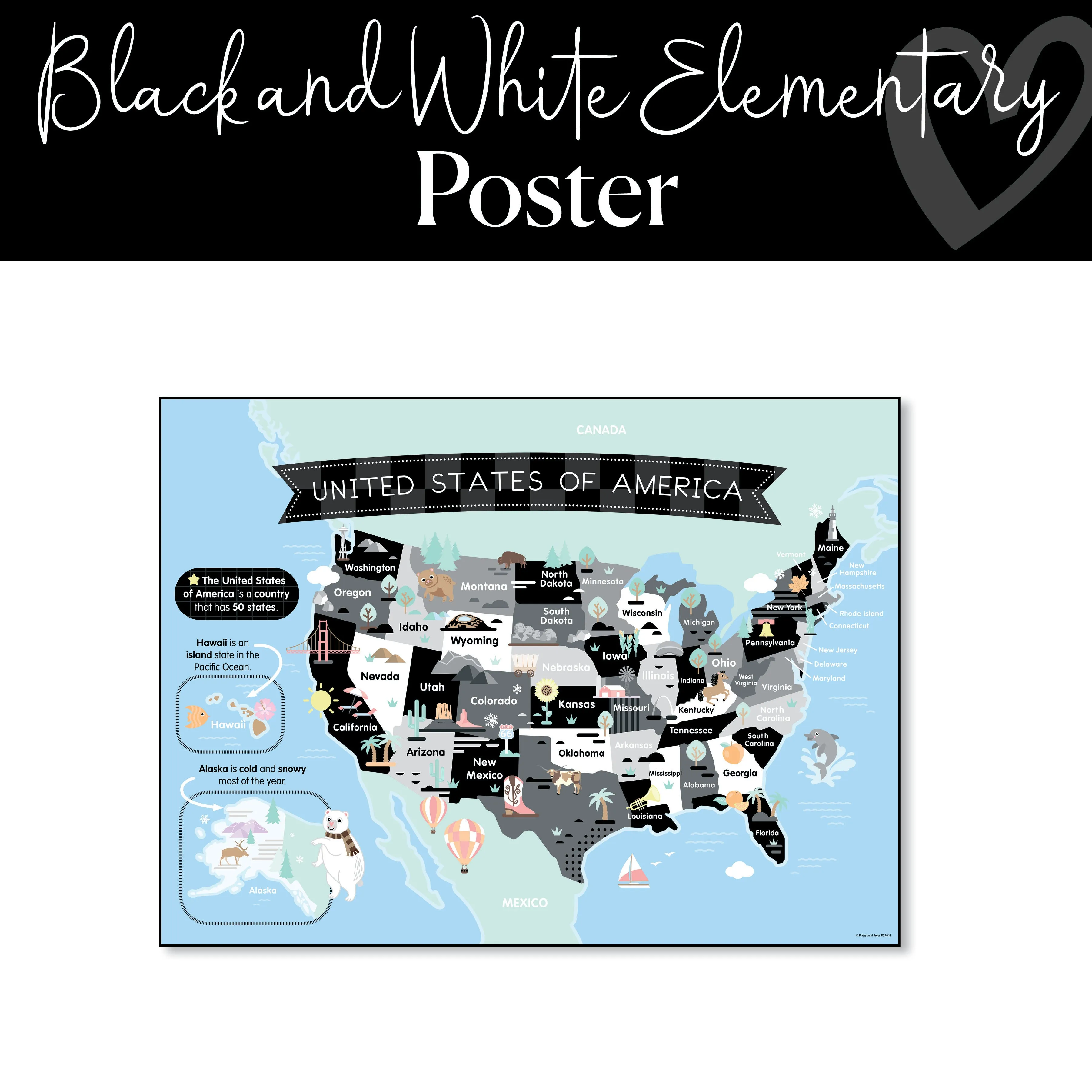 Black and White | United States of America Map Poster | Playground Press by Schoolgirl Style