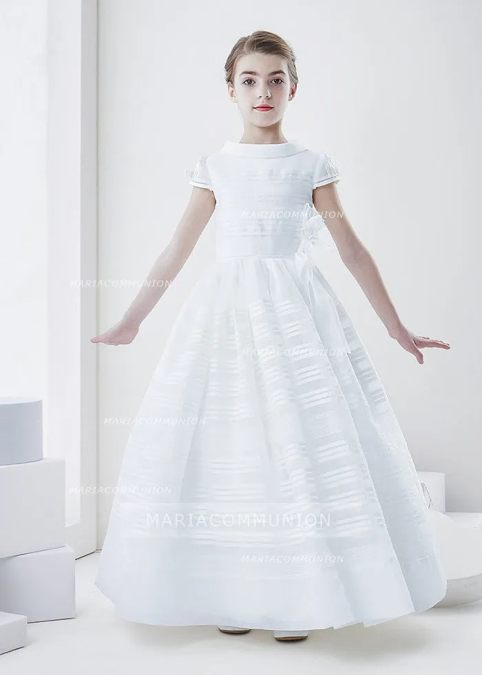 Cowl Neck Short Sleeve Long A-Line Organza First Communion Dress With Flower