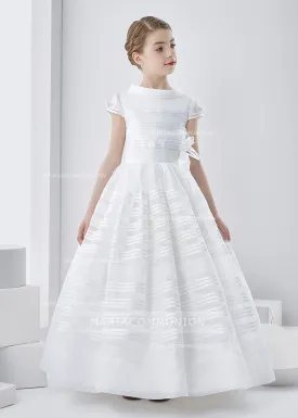 Cowl Neck Short Sleeve Long A-Line Organza First Communion Dress With Flower