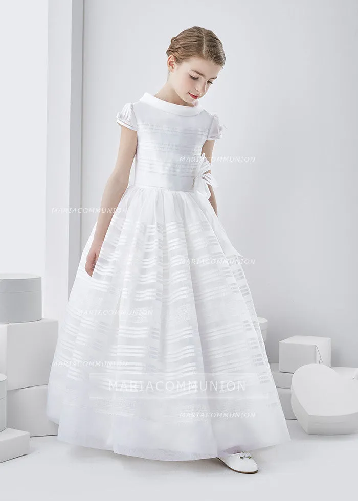 Cowl Neck Short Sleeve Long A-Line Organza First Communion Dress With Flower