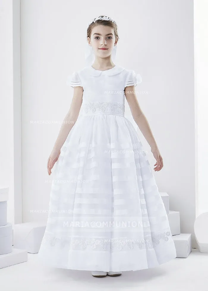 Cowl Neckline Short Sleeve Ball Gown Organza First Communion Dress With Bow Back