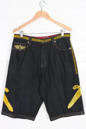 CROWN HOLDER Gold Velvet Daggers Y2K Denim Jorts Shorts (34)