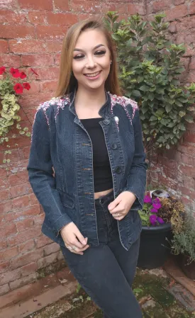 Dark denim, boho, blazer, up-cycled blinged jacket, ladies size 40 inches, 12-14 UK