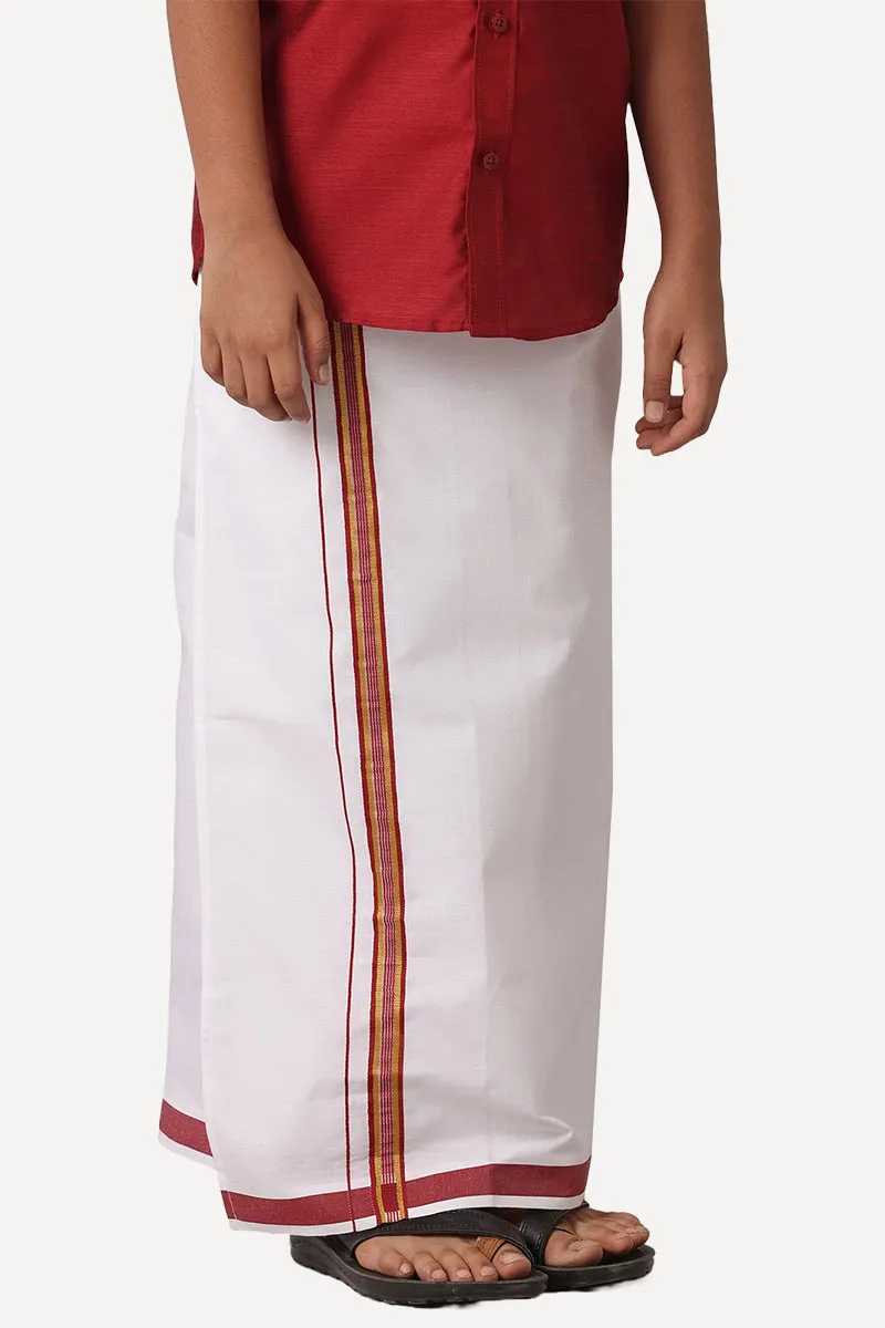 Divine - Dark Red Matching Fixit Dhoti and Shirt 2 in 1 Set For Kids | Uathayam