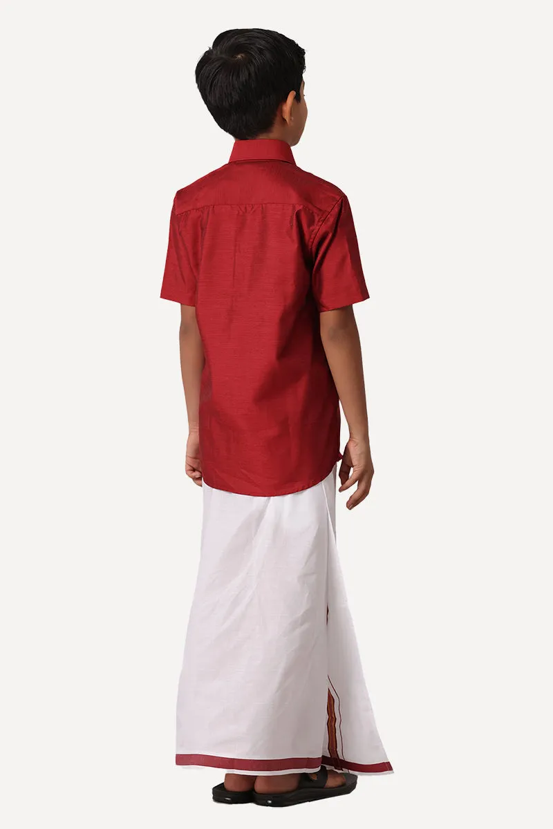 Divine - Dark Red Matching Fixit Dhoti and Shirt 2 in 1 Set For Kids | Uathayam