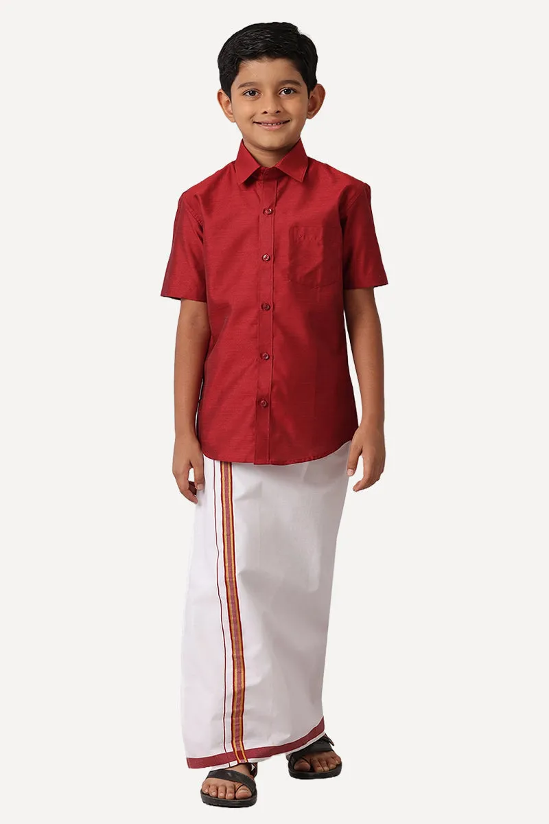 Divine - Dark Red Matching Fixit Dhoti and Shirt 2 in 1 Set For Kids | Uathayam