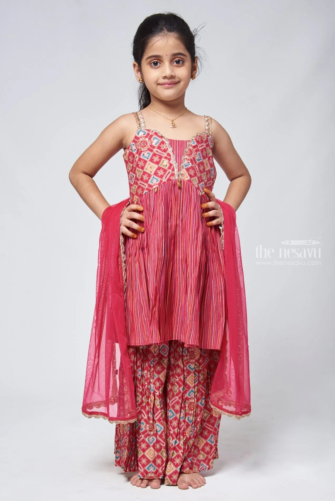 Elegant Sequin Patola Striped Pink Kurti & Gharara with Dupatta: Traditional Elegance for Girls