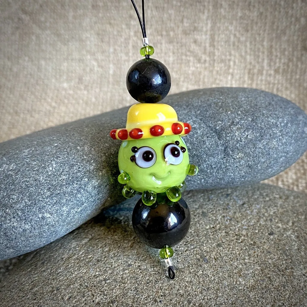 Hangable Shungite Accessory, Lime Green "Squeedle" in Yellow Hat