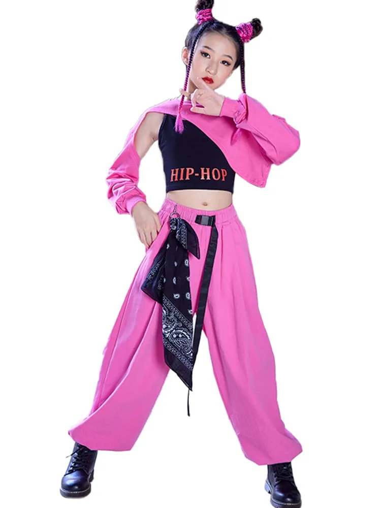 HH9495  Crop Tops- Pants-Sets- Pink -K-pop Hip-Hop Performance Outfits