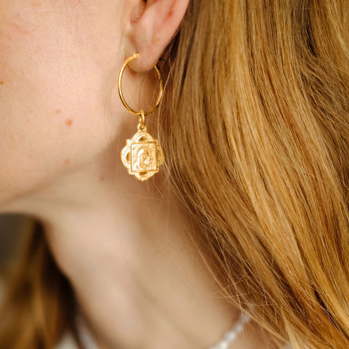 Hoop Earrings with Fertility Figurine and Madonna and Child pendant