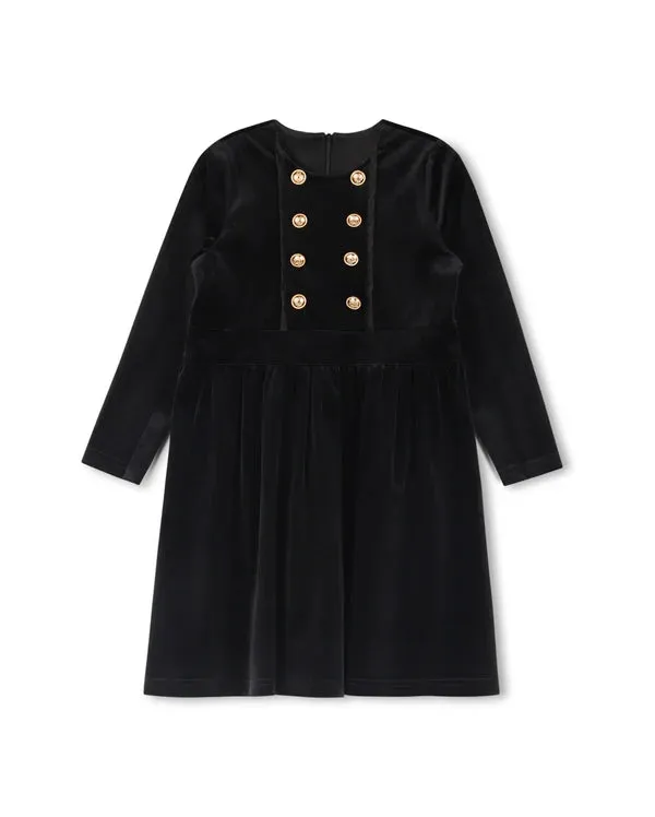 One Child Girls Core Velour Waisted Button Dress Black