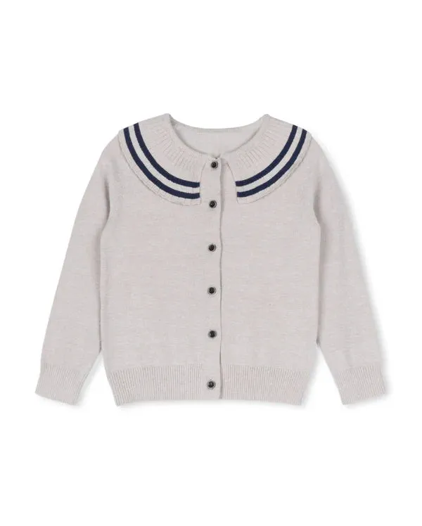 One Child Sub Pleated Striped Collar Knit Taupe Cardigan With Plaid Wide Pleated Skirt