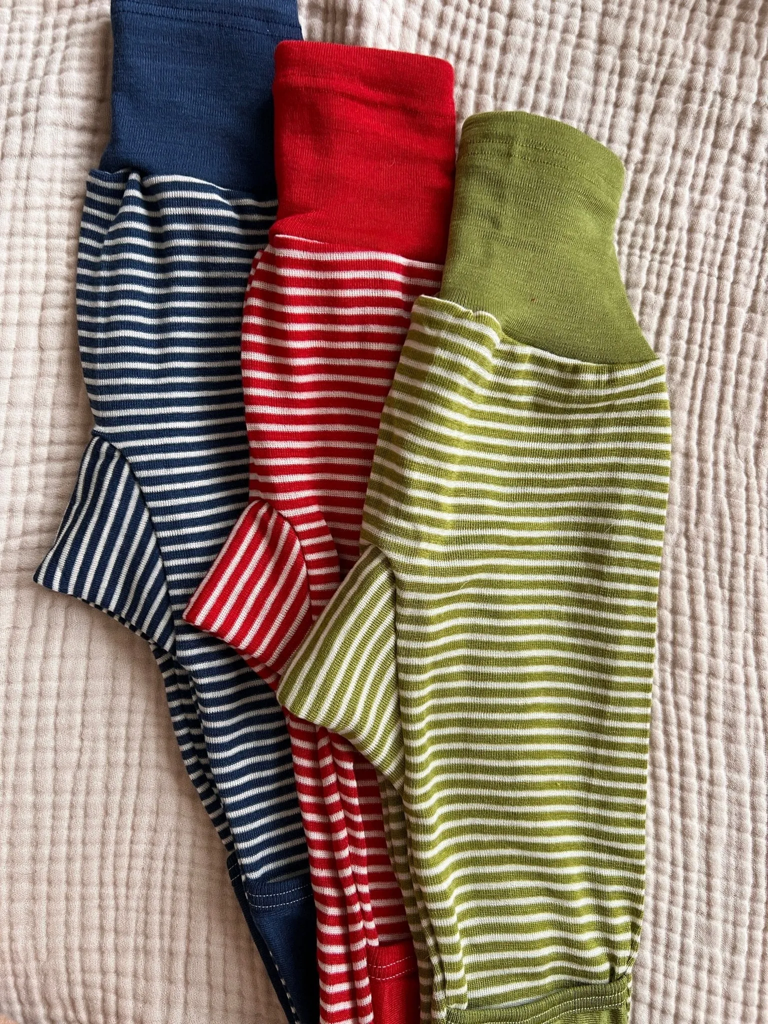 organic merino wool and silk pants in green/natural stripe - baby/toddler