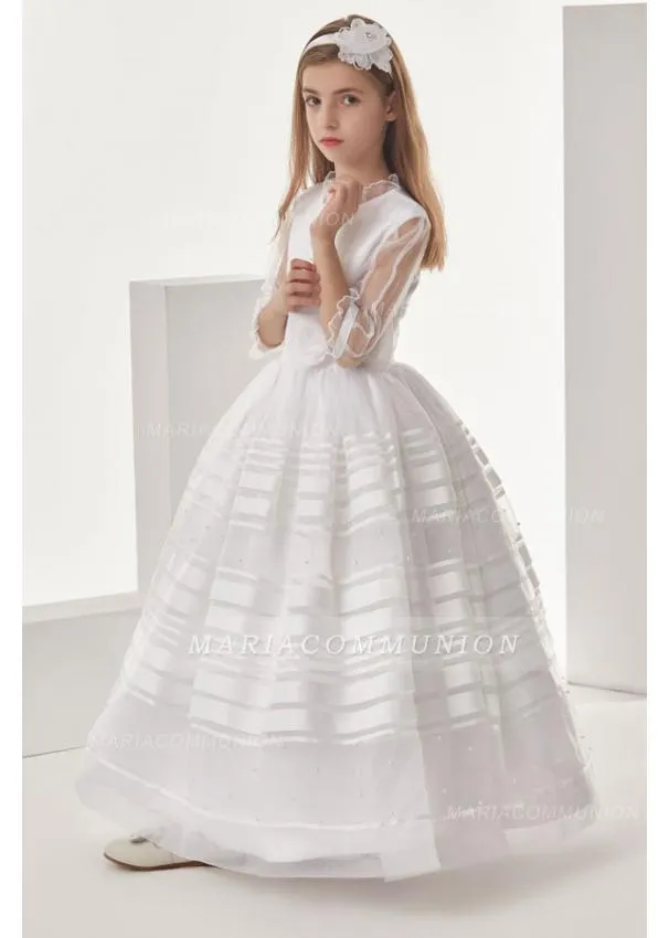 Organza Ball Gown 3/4 Long Sleeves Floor Length Communion Dress With Bow(S)