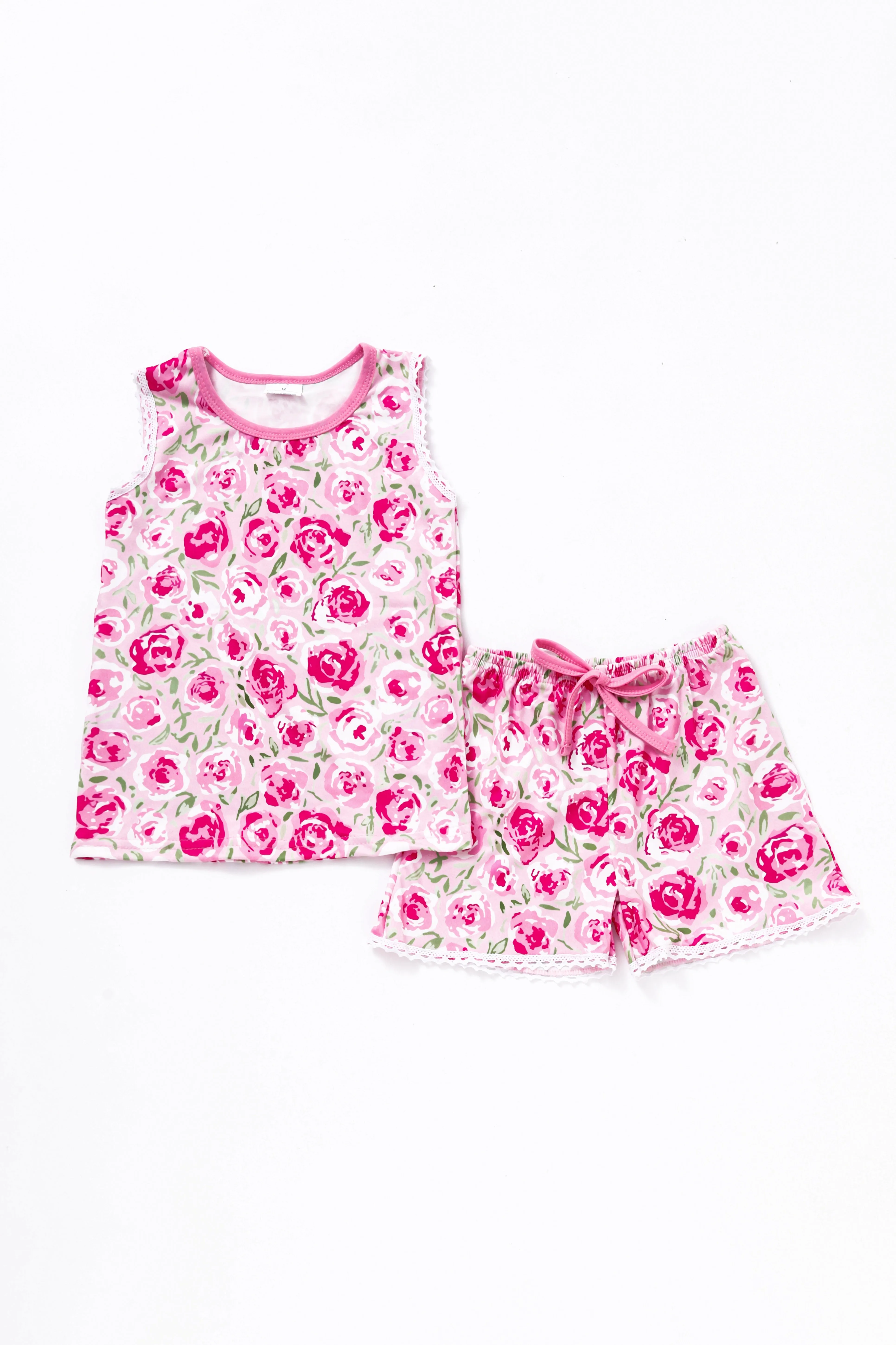 Pink floral print lace girl shorts set