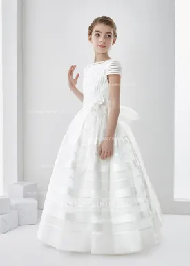 Short Sleeve Ball Gown Organza First Communion Dress With Beaded Bodice