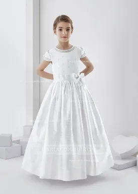 Short Sleeve Beaded Bodice Ball Gown Satin First Communion Dress with Flower