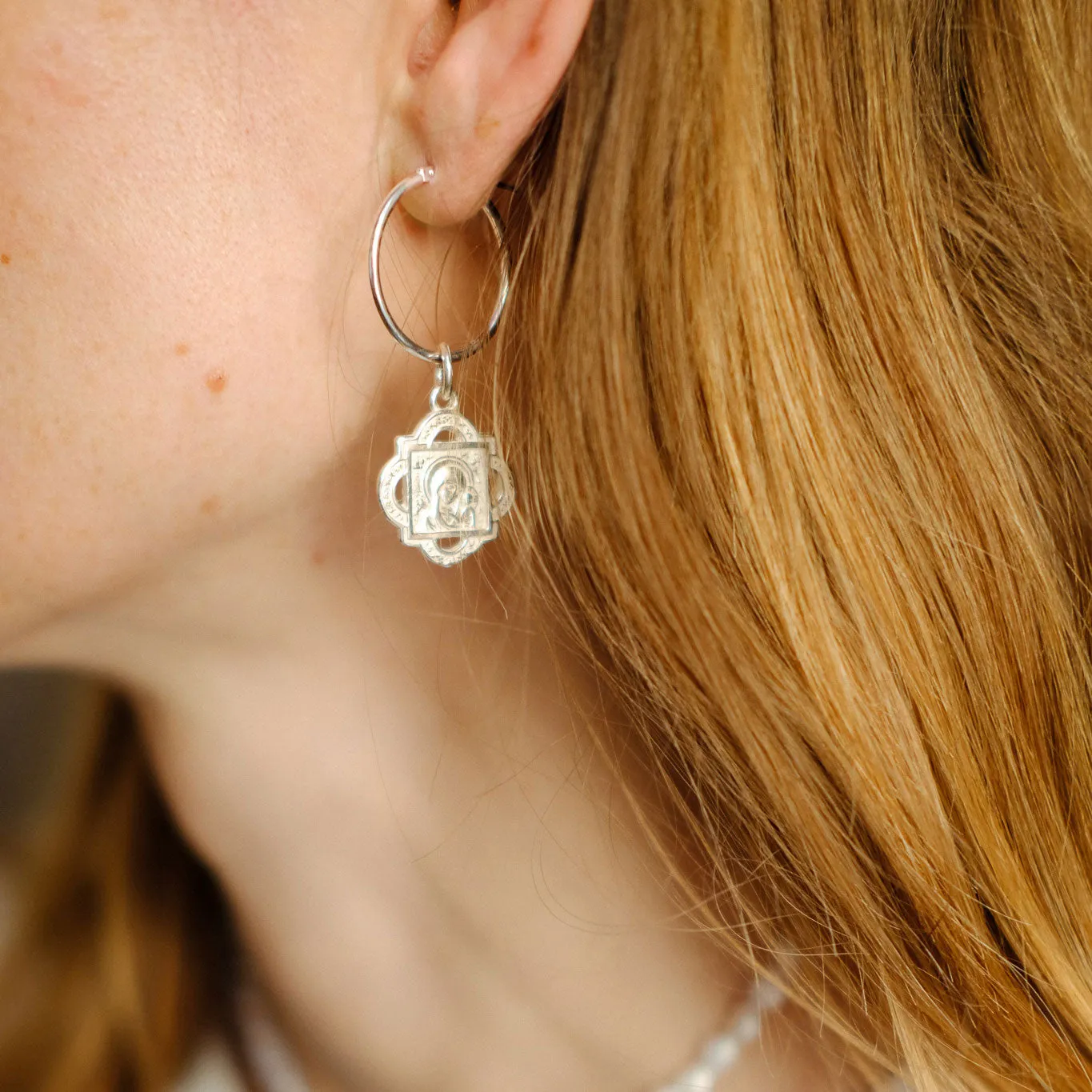 Silver Hoop Earrings with Aphrodite and Madonna and Child Quatrefoil Pendant