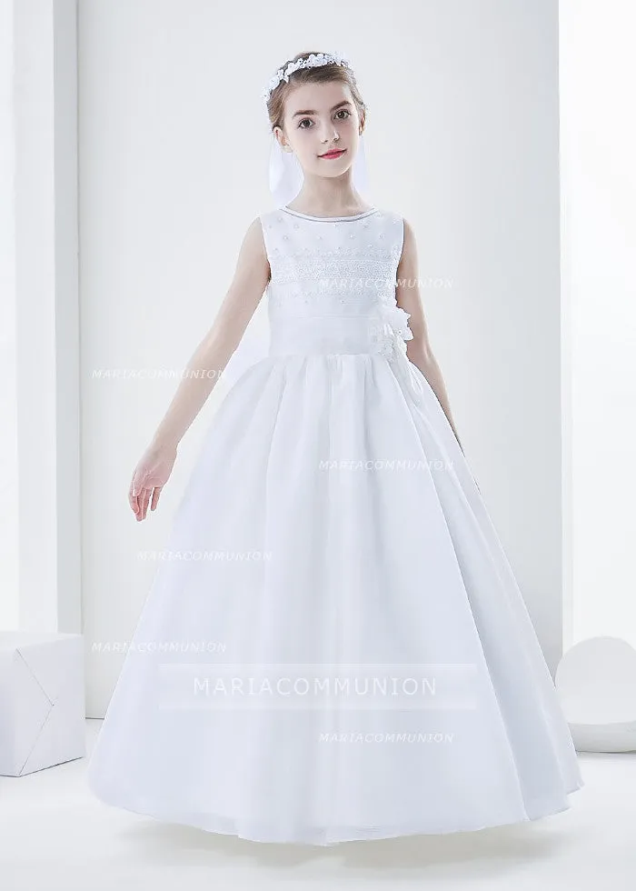 Sleeveless Jewel Neck Ball Gown Organza First Communion Dress With Lace And Beading