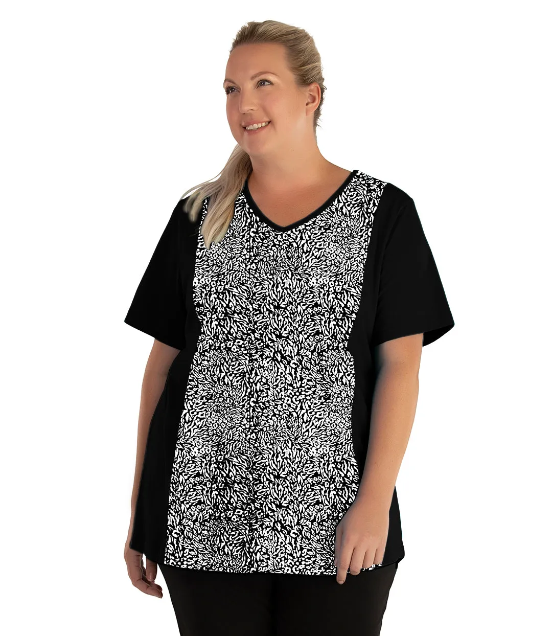 Stretch Naturals Lite V-neck Short Sleeve Princess Top Black with Wild Print - FINAL SALE